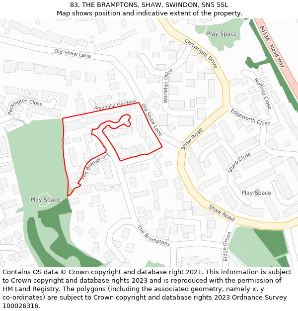 83, THE BRAMPTONS, SHAW, SWINDON, SN5 5SL: Location map and indicative extent of plot