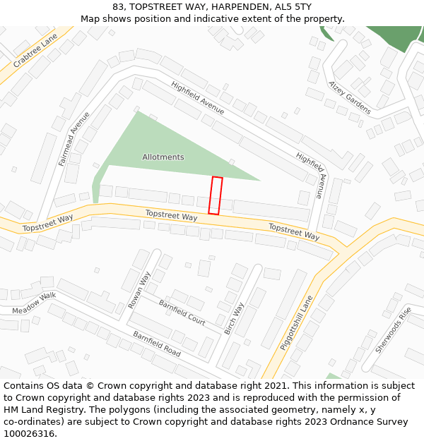 83, TOPSTREET WAY, HARPENDEN, AL5 5TY: Location map and indicative extent of plot