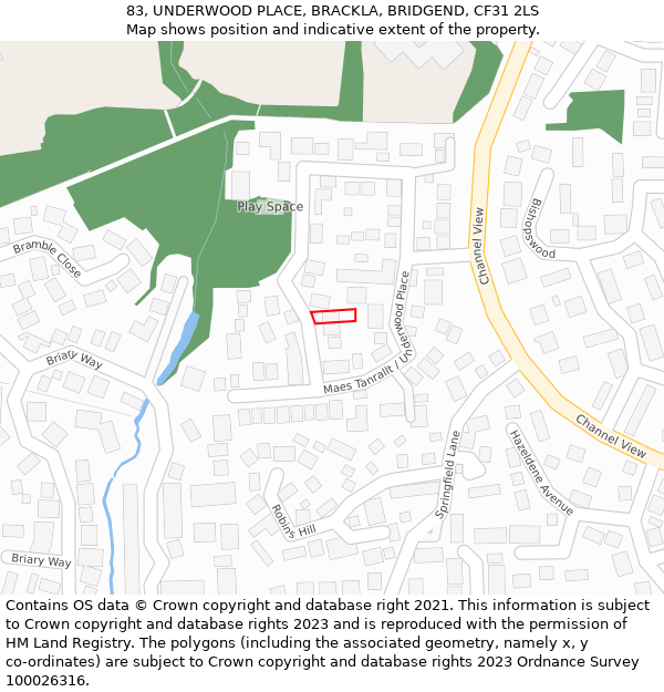 83, UNDERWOOD PLACE, BRACKLA, BRIDGEND, CF31 2LS: Location map and indicative extent of plot