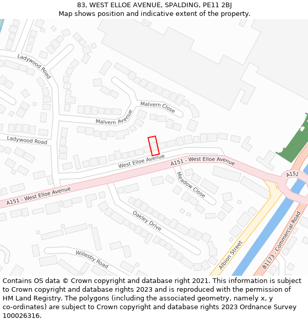 83, WEST ELLOE AVENUE, SPALDING, PE11 2BJ: Location map and indicative extent of plot