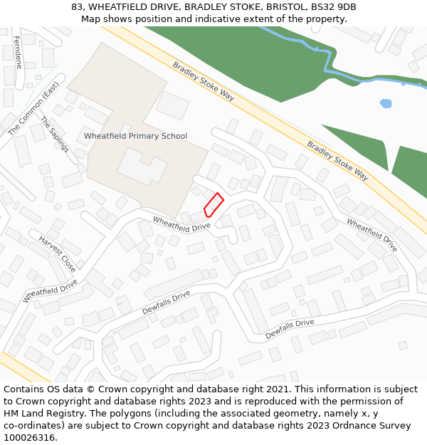 83, WHEATFIELD DRIVE, BRADLEY STOKE, BRISTOL, BS32 9DB: Location map and indicative extent of plot
