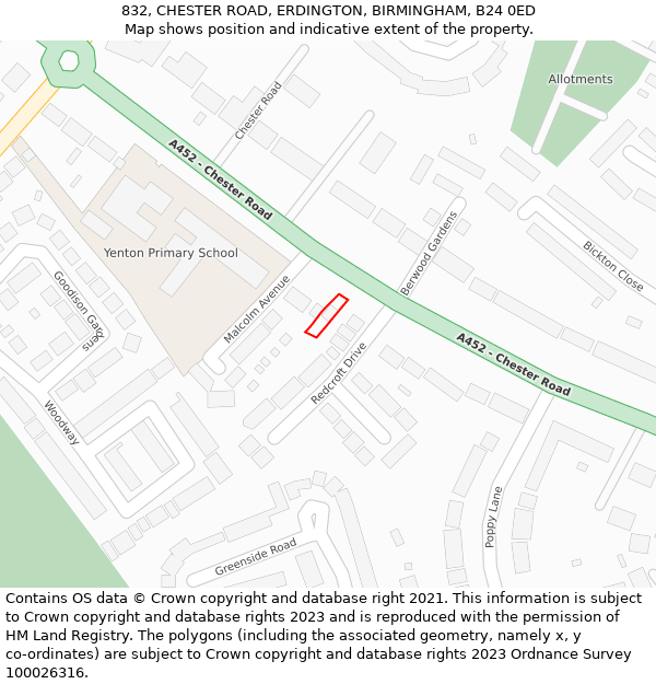 832, CHESTER ROAD, ERDINGTON, BIRMINGHAM, B24 0ED: Location map and indicative extent of plot