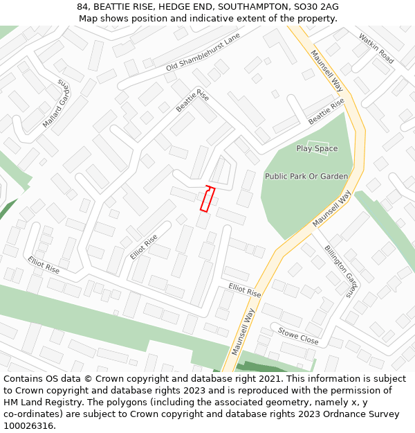 84, BEATTIE RISE, HEDGE END, SOUTHAMPTON, SO30 2AG: Location map and indicative extent of plot