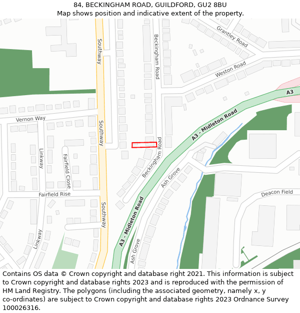 84, BECKINGHAM ROAD, GUILDFORD, GU2 8BU: Location map and indicative extent of plot