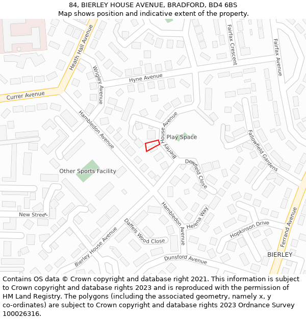 84, BIERLEY HOUSE AVENUE, BRADFORD, BD4 6BS: Location map and indicative extent of plot