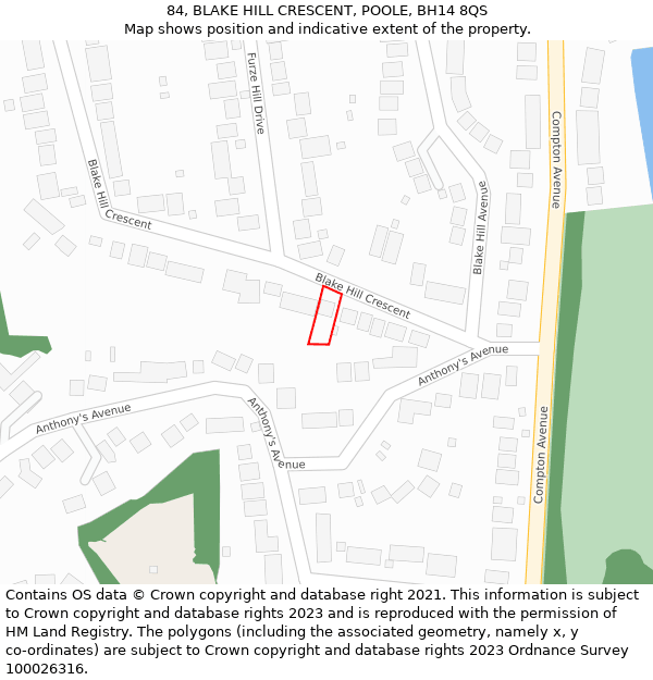 84, BLAKE HILL CRESCENT, POOLE, BH14 8QS: Location map and indicative extent of plot
