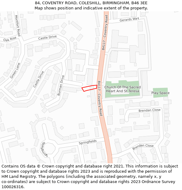 84, COVENTRY ROAD, COLESHILL, BIRMINGHAM, B46 3EE: Location map and indicative extent of plot