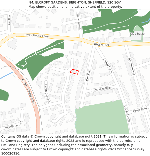 84, ELCROFT GARDENS, BEIGHTON, SHEFFIELD, S20 1GY: Location map and indicative extent of plot