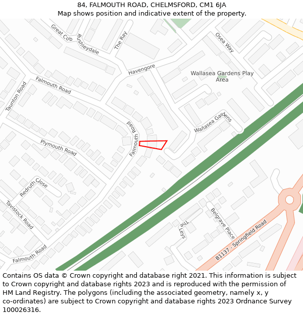 84, FALMOUTH ROAD, CHELMSFORD, CM1 6JA: Location map and indicative extent of plot