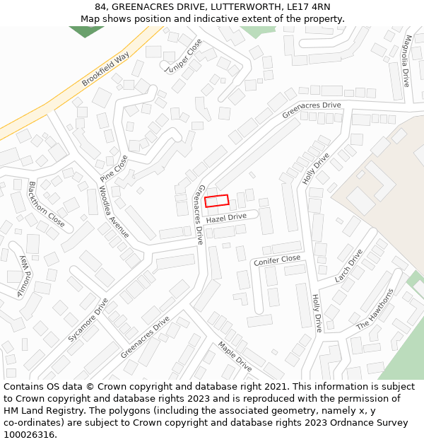 84, GREENACRES DRIVE, LUTTERWORTH, LE17 4RN: Location map and indicative extent of plot