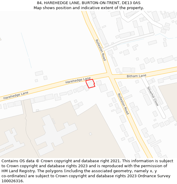 84, HAREHEDGE LANE, BURTON-ON-TRENT, DE13 0AS: Location map and indicative extent of plot
