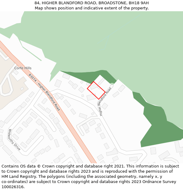 84, HIGHER BLANDFORD ROAD, BROADSTONE, BH18 9AH: Location map and indicative extent of plot