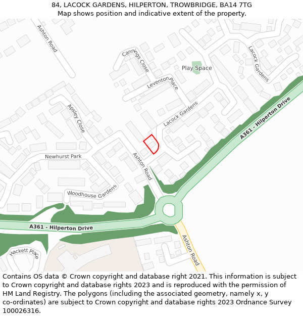 84, LACOCK GARDENS, HILPERTON, TROWBRIDGE, BA14 7TG: Location map and indicative extent of plot