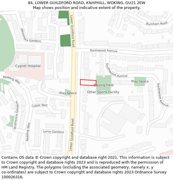 84, LOWER GUILDFORD ROAD, KNAPHILL, WOKING, GU21 2EW: Location map and indicative extent of plot