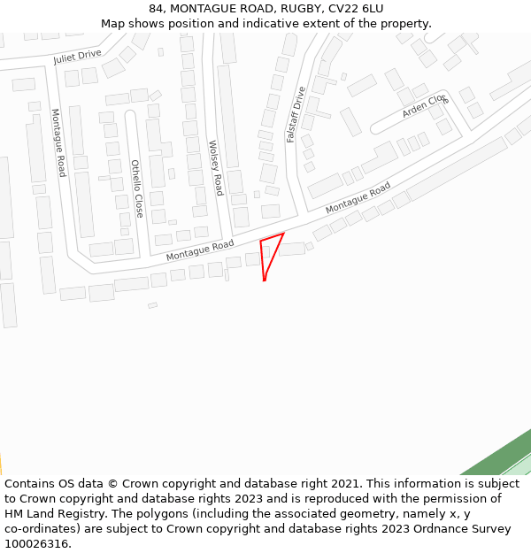 84, MONTAGUE ROAD, RUGBY, CV22 6LU: Location map and indicative extent of plot