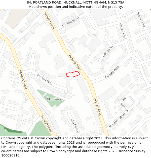 84, PORTLAND ROAD, HUCKNALL, NOTTINGHAM, NG15 7SA: Location map and indicative extent of plot