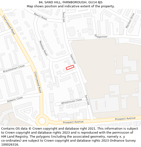 84, SAND HILL, FARNBOROUGH, GU14 8JS: Location map and indicative extent of plot