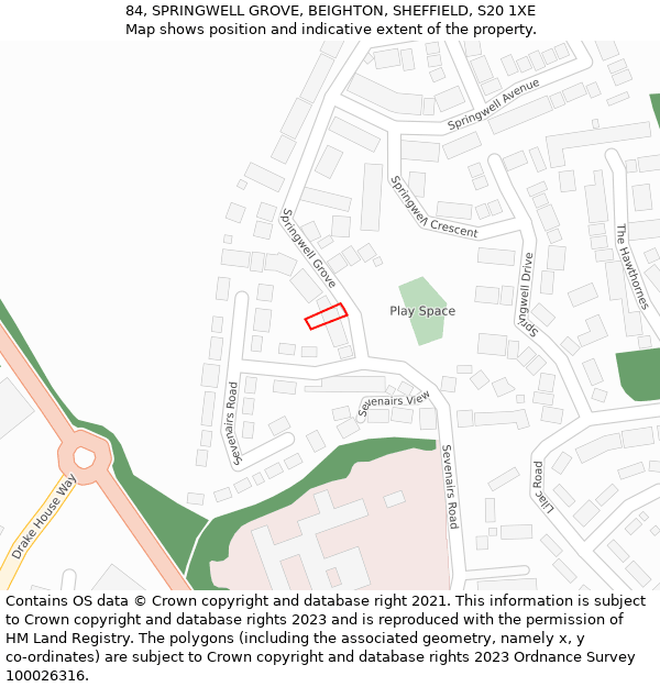 84, SPRINGWELL GROVE, BEIGHTON, SHEFFIELD, S20 1XE: Location map and indicative extent of plot