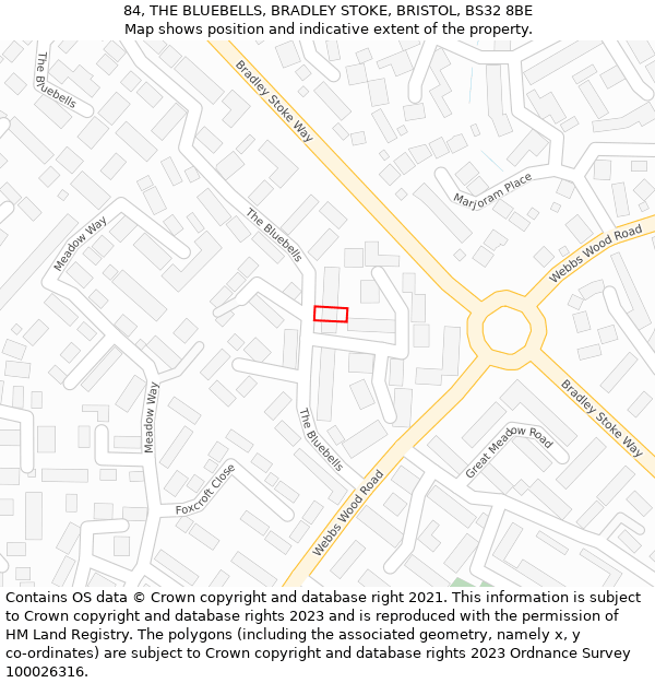 84, THE BLUEBELLS, BRADLEY STOKE, BRISTOL, BS32 8BE: Location map and indicative extent of plot