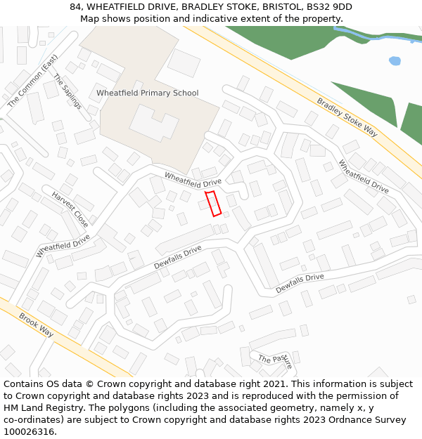 84, WHEATFIELD DRIVE, BRADLEY STOKE, BRISTOL, BS32 9DD: Location map and indicative extent of plot
