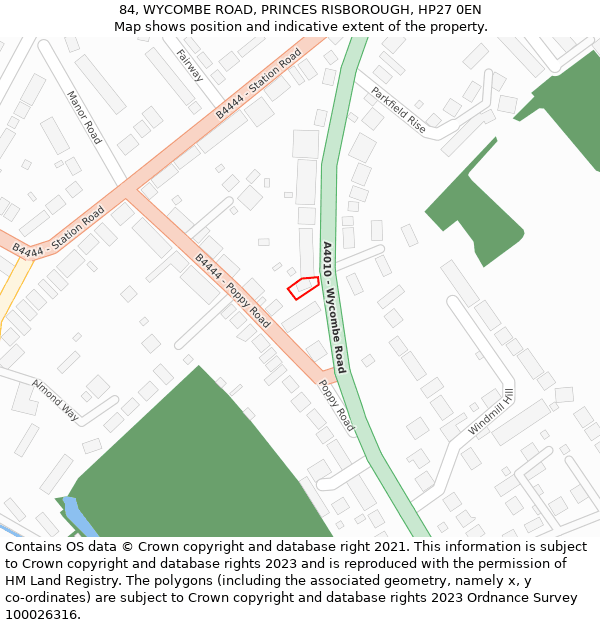 84, WYCOMBE ROAD, PRINCES RISBOROUGH, HP27 0EN: Location map and indicative extent of plot