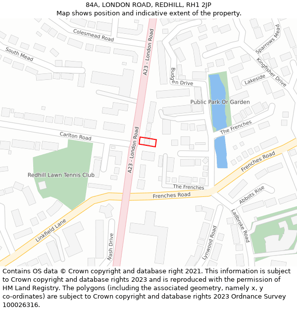 84A, LONDON ROAD, REDHILL, RH1 2JP: Location map and indicative extent of plot