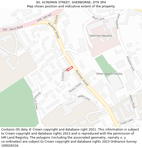 85, ACREMAN STREET, SHERBORNE, DT9 3PH: Location map and indicative extent of plot