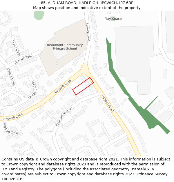 85, ALDHAM ROAD, HADLEIGH, IPSWICH, IP7 6BP: Location map and indicative extent of plot