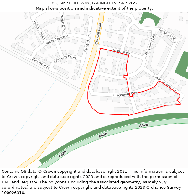 85, AMPTHILL WAY, FARINGDON, SN7 7GS: Location map and indicative extent of plot