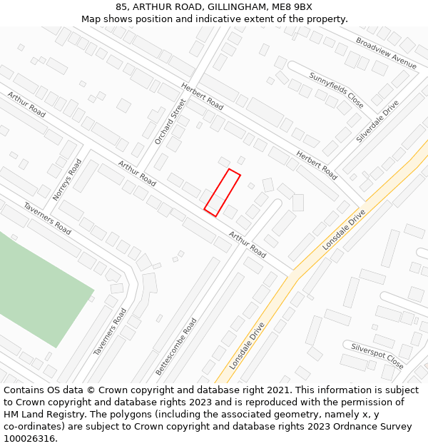 85, ARTHUR ROAD, GILLINGHAM, ME8 9BX: Location map and indicative extent of plot