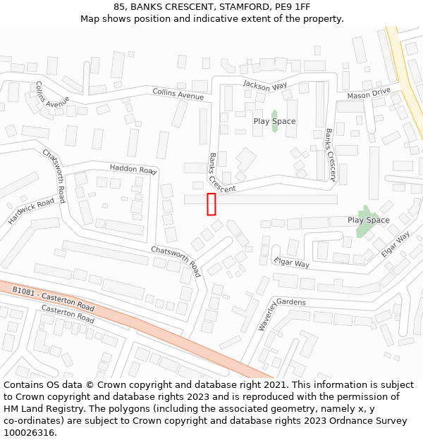 85, BANKS CRESCENT, STAMFORD, PE9 1FF: Location map and indicative extent of plot