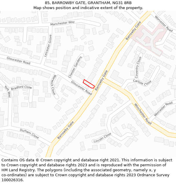 85, BARROWBY GATE, GRANTHAM, NG31 8RB: Location map and indicative extent of plot