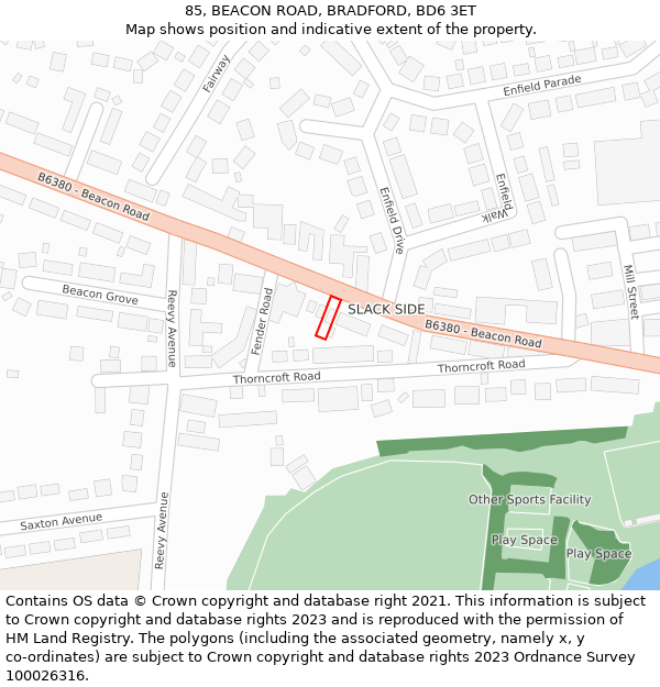 85, BEACON ROAD, BRADFORD, BD6 3ET: Location map and indicative extent of plot