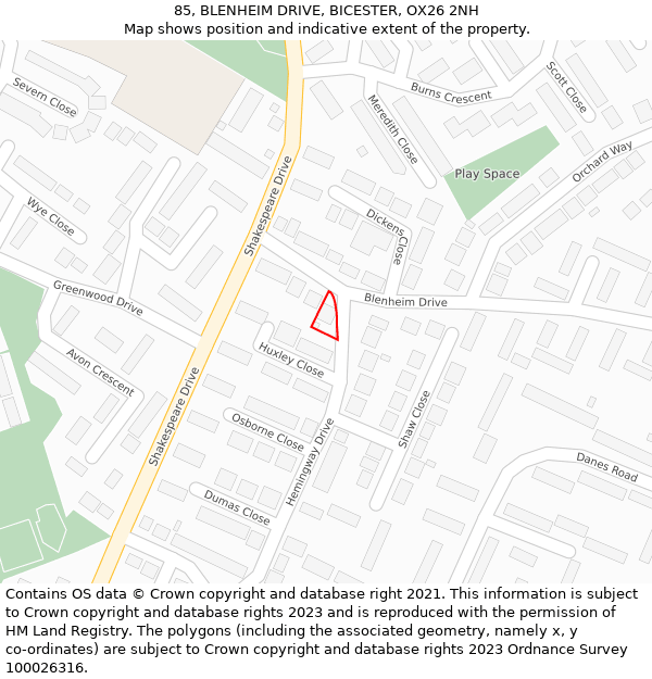 85, BLENHEIM DRIVE, BICESTER, OX26 2NH: Location map and indicative extent of plot