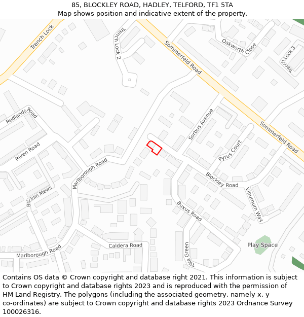 85, BLOCKLEY ROAD, HADLEY, TELFORD, TF1 5TA: Location map and indicative extent of plot