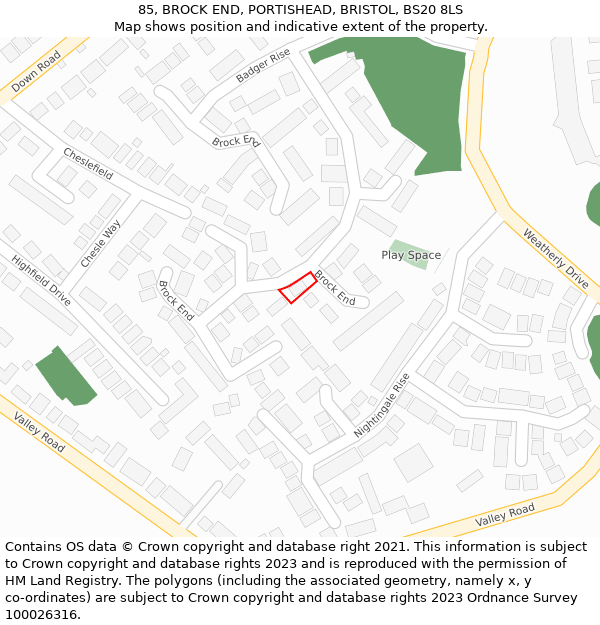 85, BROCK END, PORTISHEAD, BRISTOL, BS20 8LS: Location map and indicative extent of plot
