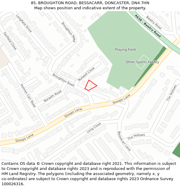 85, BROUGHTON ROAD, BESSACARR, DONCASTER, DN4 7HN: Location map and indicative extent of plot