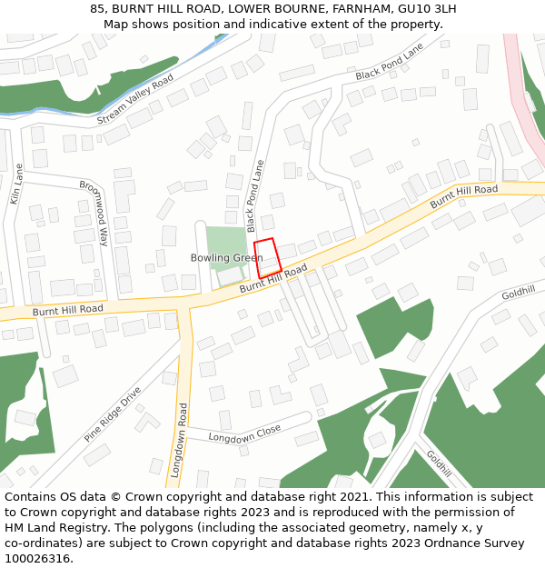 85, BURNT HILL ROAD, LOWER BOURNE, FARNHAM, GU10 3LH: Location map and indicative extent of plot