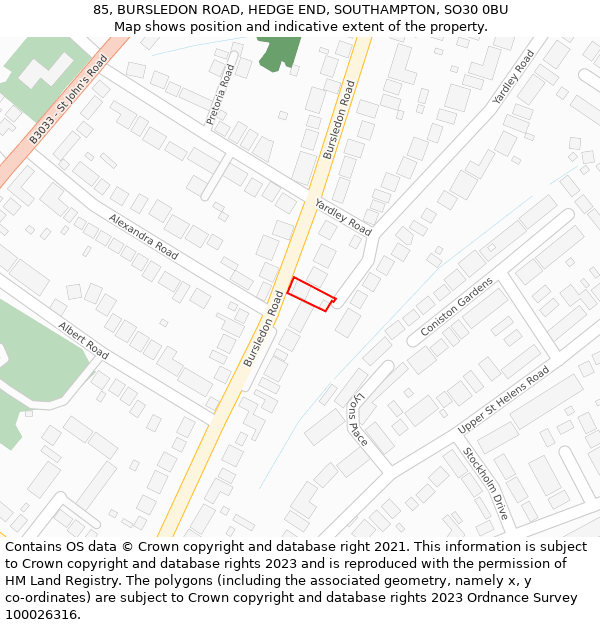 85, BURSLEDON ROAD, HEDGE END, SOUTHAMPTON, SO30 0BU: Location map and indicative extent of plot