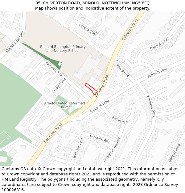 85, CALVERTON ROAD, ARNOLD, NOTTINGHAM, NG5 8FQ: Location map and indicative extent of plot