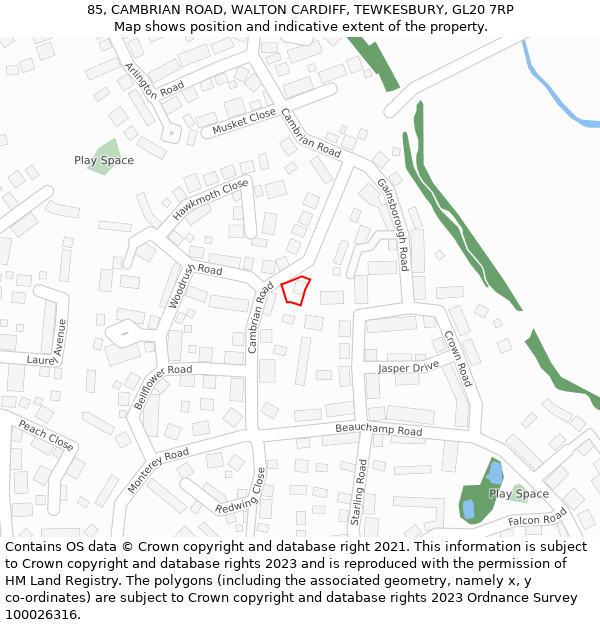 85, CAMBRIAN ROAD, WALTON CARDIFF, TEWKESBURY, GL20 7RP: Location map and indicative extent of plot