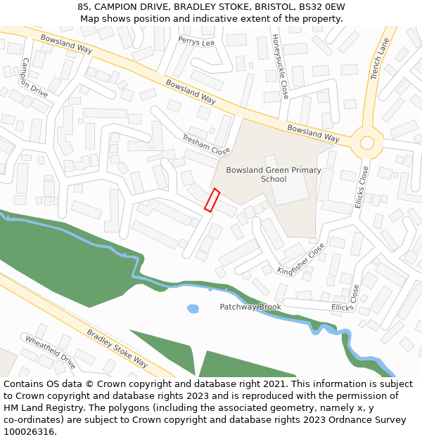 85, CAMPION DRIVE, BRADLEY STOKE, BRISTOL, BS32 0EW: Location map and indicative extent of plot