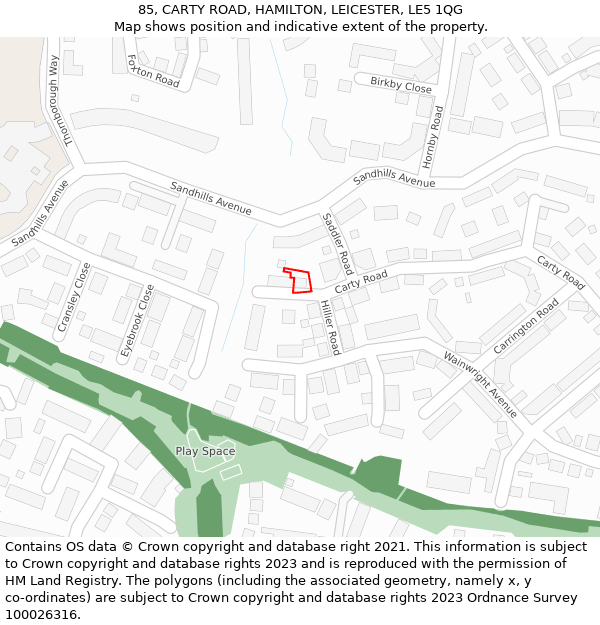 85, CARTY ROAD, HAMILTON, LEICESTER, LE5 1QG: Location map and indicative extent of plot