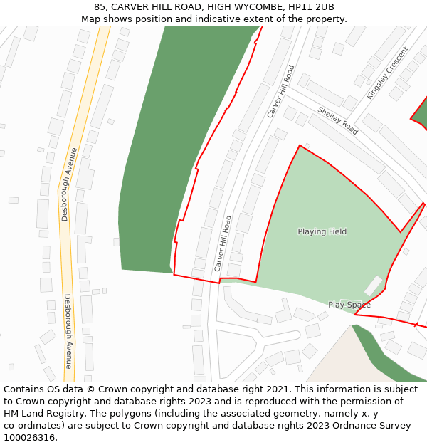 85, CARVER HILL ROAD, HIGH WYCOMBE, HP11 2UB: Location map and indicative extent of plot