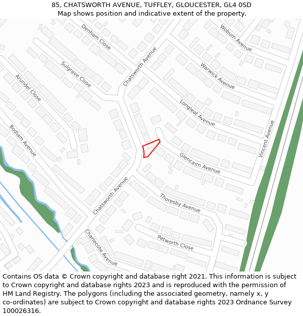 85, CHATSWORTH AVENUE, TUFFLEY, GLOUCESTER, GL4 0SD: Location map and indicative extent of plot