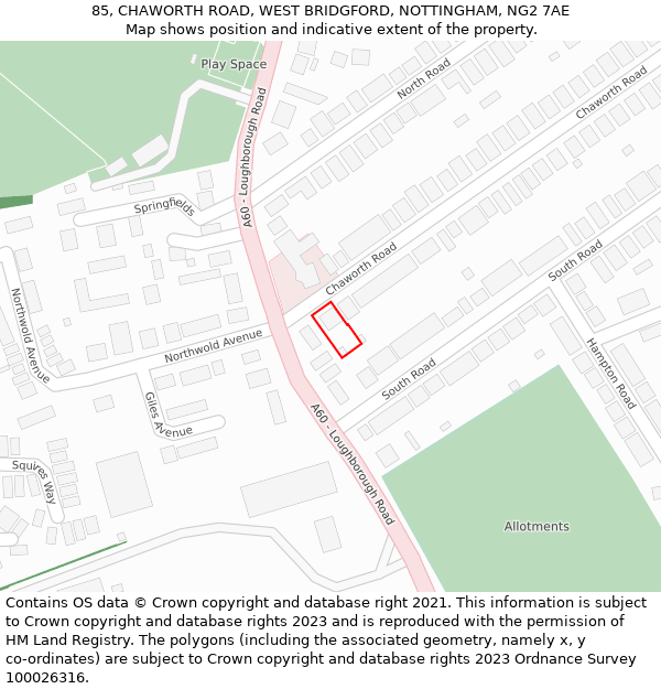 85, CHAWORTH ROAD, WEST BRIDGFORD, NOTTINGHAM, NG2 7AE: Location map and indicative extent of plot