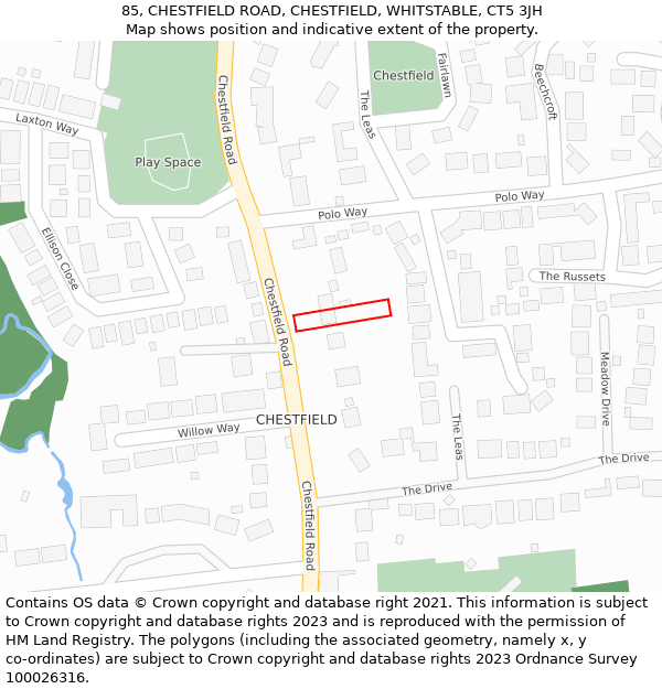 85, CHESTFIELD ROAD, CHESTFIELD, WHITSTABLE, CT5 3JH: Location map and indicative extent of plot