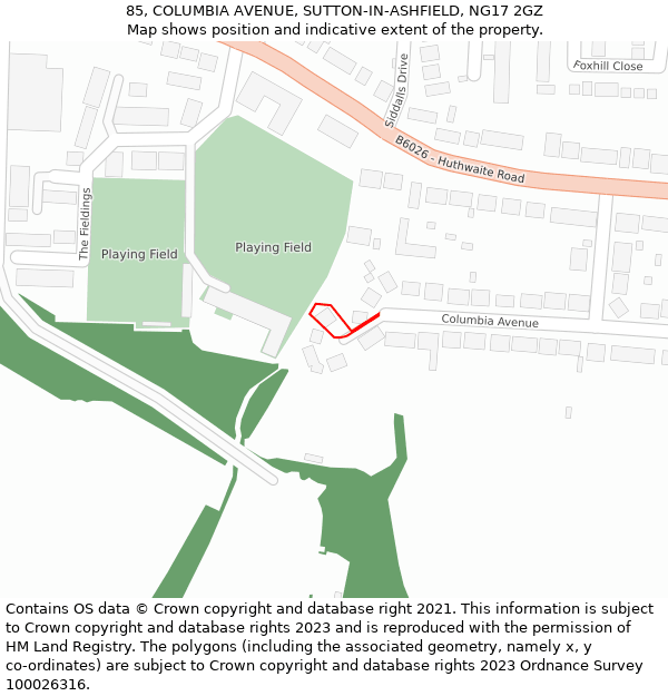 85, COLUMBIA AVENUE, SUTTON-IN-ASHFIELD, NG17 2GZ: Location map and indicative extent of plot