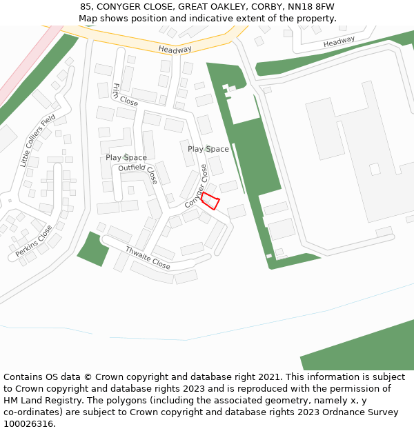 85, CONYGER CLOSE, GREAT OAKLEY, CORBY, NN18 8FW: Location map and indicative extent of plot