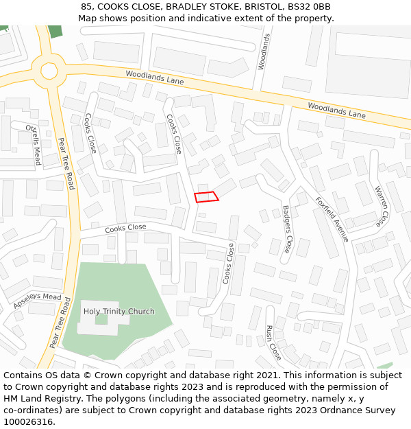 85, COOKS CLOSE, BRADLEY STOKE, BRISTOL, BS32 0BB: Location map and indicative extent of plot